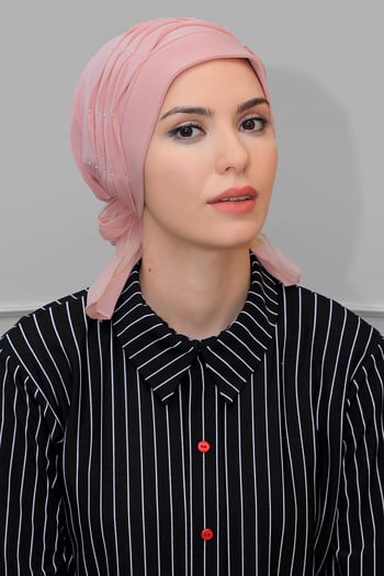 Hürrem Bone Pudra Pratik Hazır Geçmeli Tesettür Bone Sandy Kumaş İncili Pileli Nervürlü Güllü 1805_06