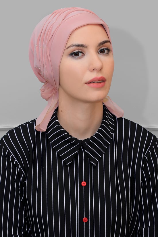 Hürrem Bone Pudra Pratik Hazır Geçmeli Tesettür Bone Sandy Kumaş İncili Pileli Nervürlü Güllü 1805_06