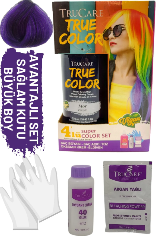 Trucare Truecolor Mor Saç Boyası Seti Saç Açıcı ve Eldivenli