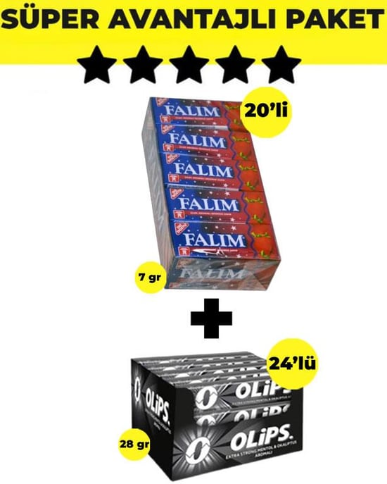 Falım Çilek Aromalı Sakız (5'li x 20 Adet)-  Olips Keskin Mentol Şekerleme 24'lü Paket (28gr x 24 Adet) - Avantajlı Falım Olips Paketi