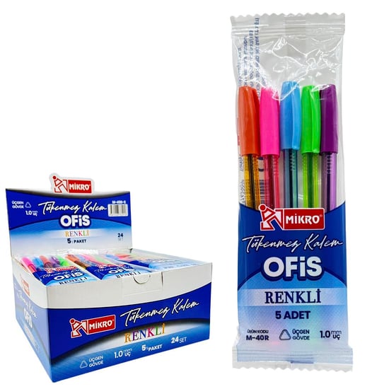 Mikro M-40R-5 Renkli Ofis Tükenmez Kalem 5'li Blister 24 Adet'li