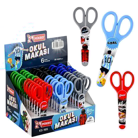 Mikro KS-165 Büyük Kablı Korumalı Okul Makası 6 Renk Tasarımlı Erkekler İçin 30 Adet'li