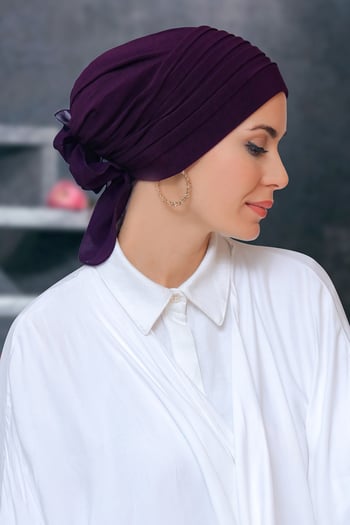 Hürrem Bone Mürdüm Pratik Hazır Geçmeli Tesettür Bone Sandy Kumaş Pileli Nervürlü Güllü 1806_07