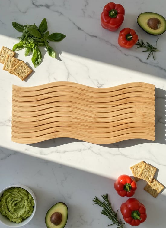 bambu dalgalı sunumluk, bambu oluklu tepsi, kahvaltı sunumlugu, bambu sunum tepsisi, toptan servis tepsisi, kafe restoran sunum ekipmanı, horeca bambu tepsi