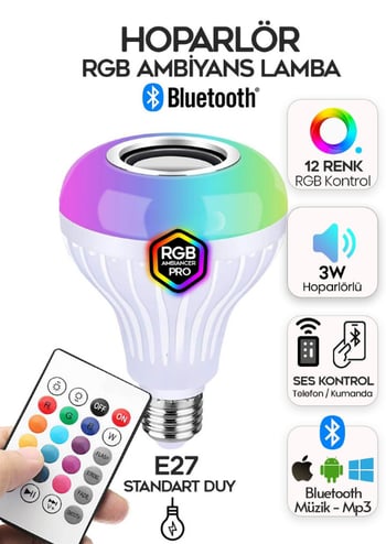 RGB LED ampul, müzikli LED ampul, Bluetooth LED lamba, E27 akıllı ampul, sesli ışık ampul, hoparlörlü ampul, renk değiştiren LED, akıllı ev aydınlatma, RGB ışık ampul, Bluetooth hoparlör ampul