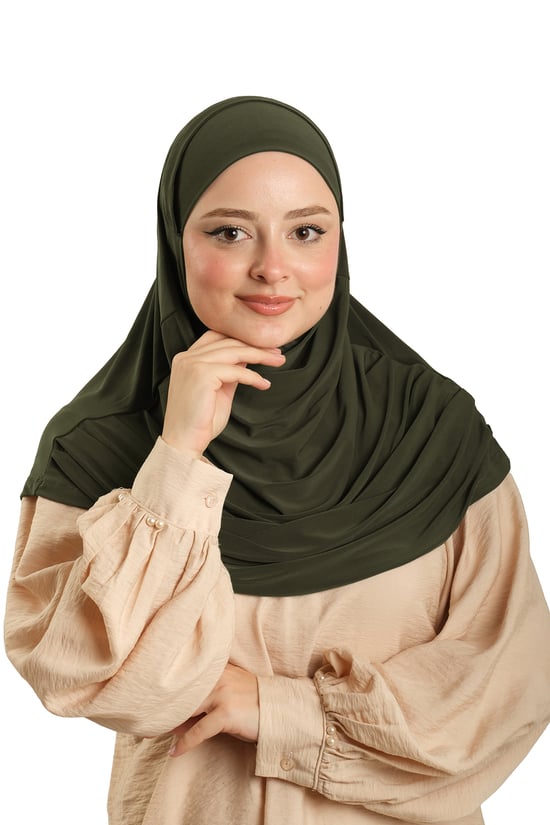 Hürrem Bone Haki Pratik Hazır Geçmeli Tesettür Eşarp Sandy Kumaş Kendinden Boneli 1290_09