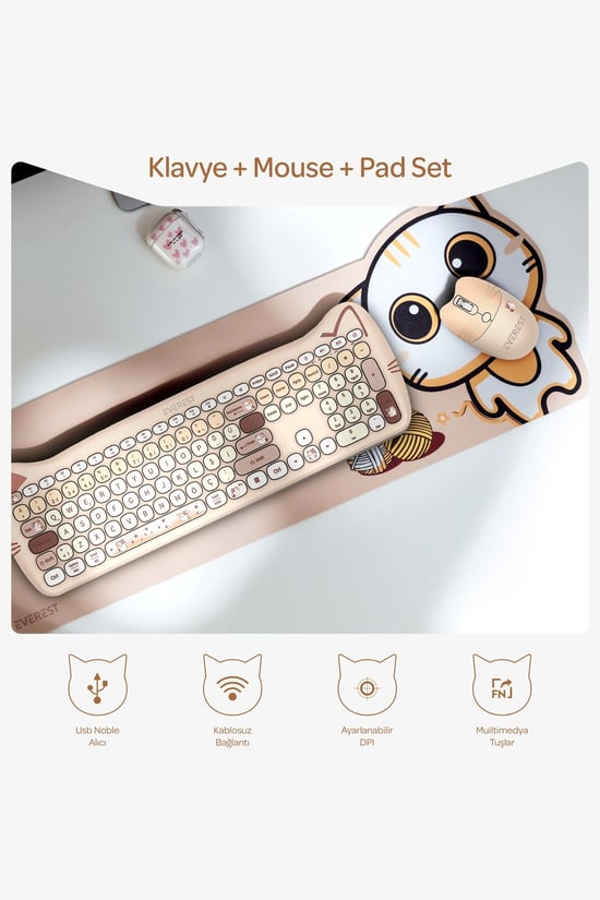 Everest Km-6283 Catty Wireless-Bluetooth Kablosuz Ultra Sessiz Özel Tasarımlı Q Klavye Mouse Mouse Pad Set