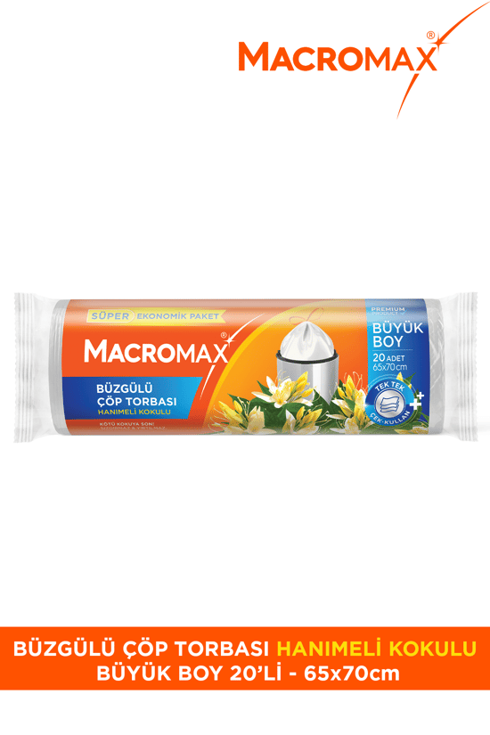 Macromax Büzgülü Çöp Torbası Büyük Boy (65x70cm) Hanımeli Kokulu 20 Adet Süper Ekonomik Paket
