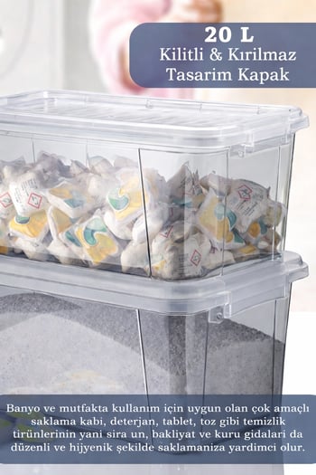 Moi 20 Litre Derin Erzak Kabı-Un Bakliyat Erzak Kabı-Kilitli Kapak