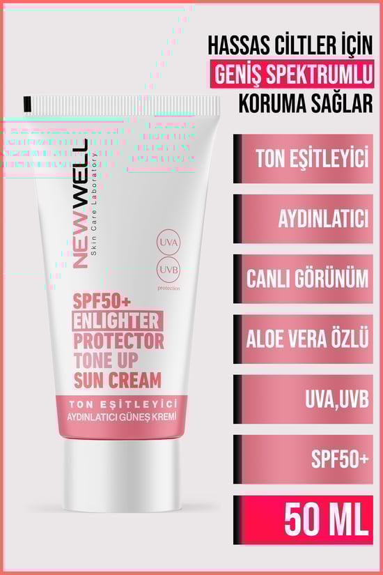 New Well Ton Eşitleyici Yüksek Koruma Etkili SPF50+ Aydınlatıcı Pembe Yüz Güneş Kremi 50 ml