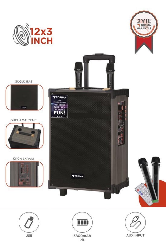 Torima D46  Kahverengi USB, TF, BT, TWS, FM Çift Mikrofonlu Hoparlör Parti Speaker