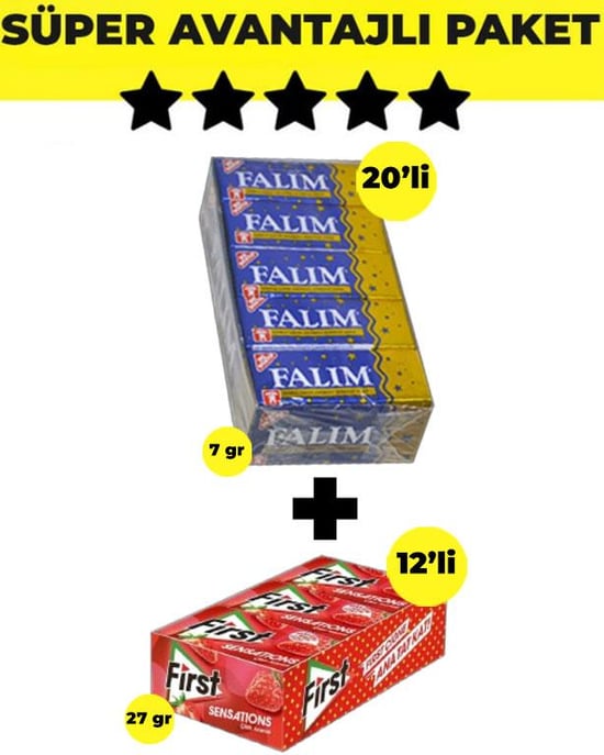 Falım Damla Aromalı Sakız (5'li x 20 Adet)- First Sensations Çilek Aromalı Sakız (27gr x 12 Adet)  - Avantajlı Falım First Paketi