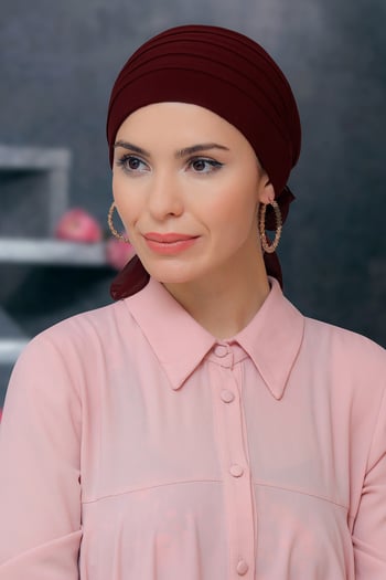 Hürrem Bone Bordo Pratik Hazır Geçmeli Tesettür Bone Sandy Kumaş Pileli Nervürlü Güllü 1806_16