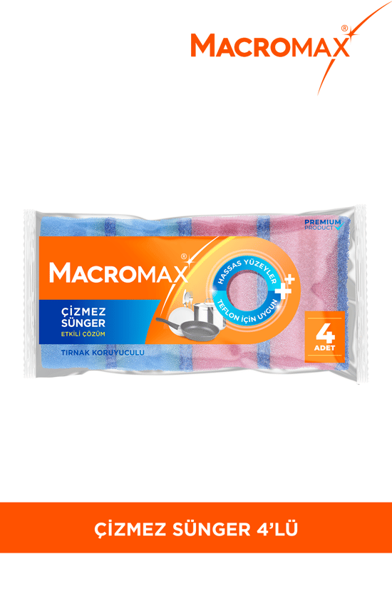 Macromax Tırnak Koruyuculu Çizmez Bulaşık Süngeri 4'lü Paket Teflon ve Hassas Yüzeyler İçin