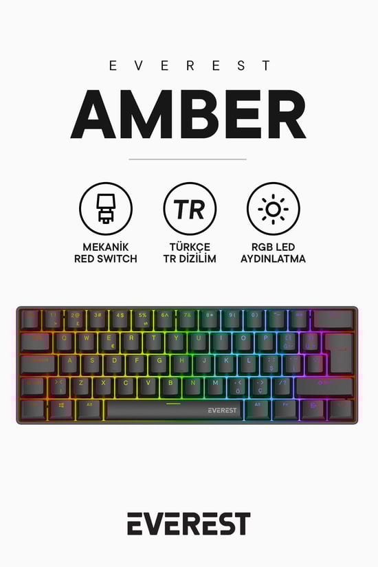 Everest Amber Type-C Bağlantılı RGB Ledli Mekanik Gaming Oyuncu Klavye Q Red Switch