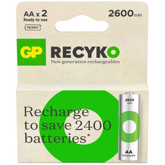 GP Batteries Recyko 2600mAh AA Kalem Ni-Mh Şarjlı Pil, 1.2 Volt, 2'li Kart
