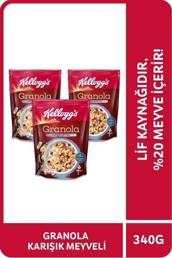 Kellogg's Karışık Meyveli Granola 340 Gr x3 Adet,%45 Yulaf içerir,Lif Kaynağı,%20 Kurutulmuş Meyve