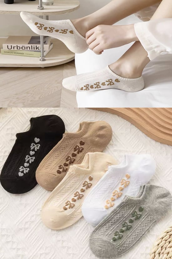BGK 5 Çift Kadın Kabartmalı Çiçek Görünmez Çorap 36-41