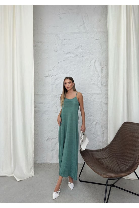 Thiff Yeşil Kadın Askılı Piliseli Elbise