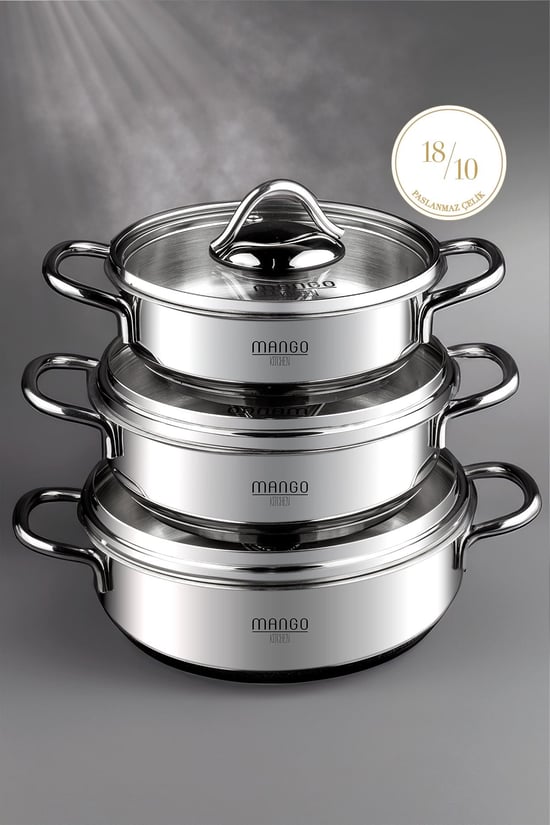Mango Kitchen Artemis - 6 Parça Paslanmaz Çelik Sahan Seti (16-18-20 CM) 18/10 Paslanmaz Çelik * 4 ADET