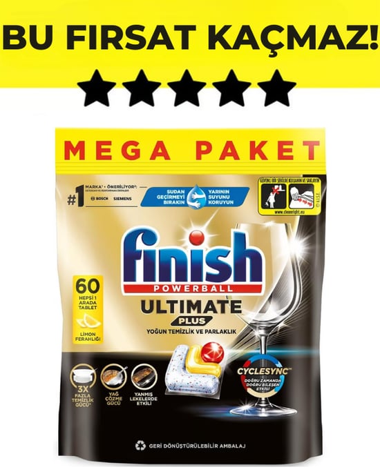 Finish Ultimate Plus Hepsi Bir Arada 60 Kapsül Limon Bulaşık Makinesi Tableti