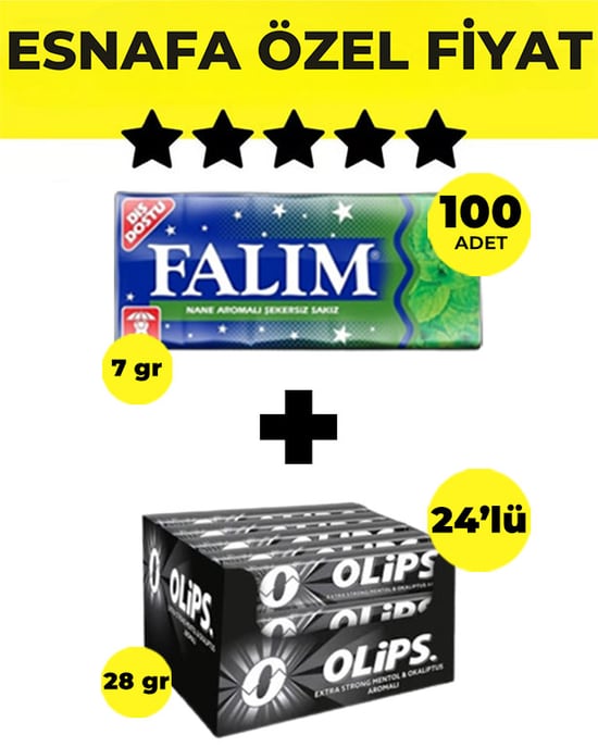 Falım Nane Aromalı Sakız (5'li 7gr x 100 Adet) - Olips Keskin Mentol Şeker 24’lü Paket (28gr x 24 Adet) Avantajlı Falım-Olips Paketi