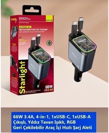 ACL ACC-01  RGB Yıldız Işıklı 4in1 Araç Şarj Aleti | 66W Süper Hızlı Şarj | Type-C + Lightning + USB