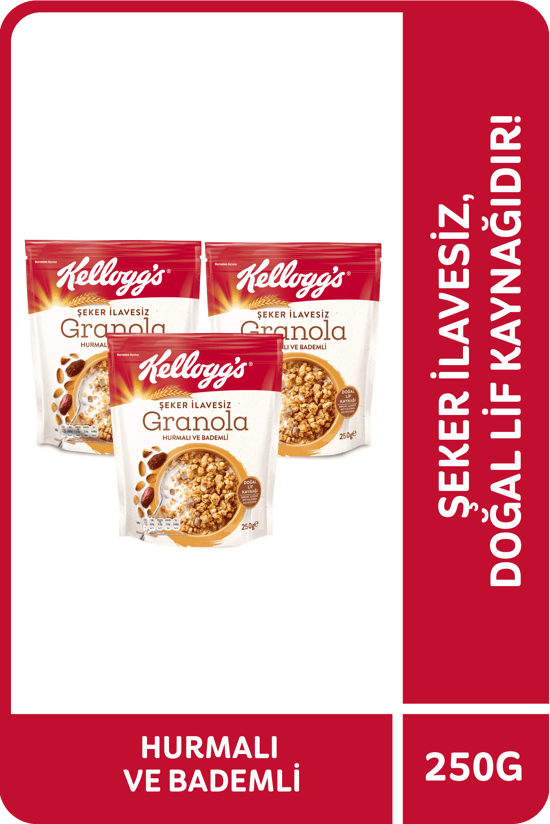 KELLOGG'S ŞEKER İLAVESİZ GRANOLA HURMALI VE BADEMLİ 250 GRAM x 3 