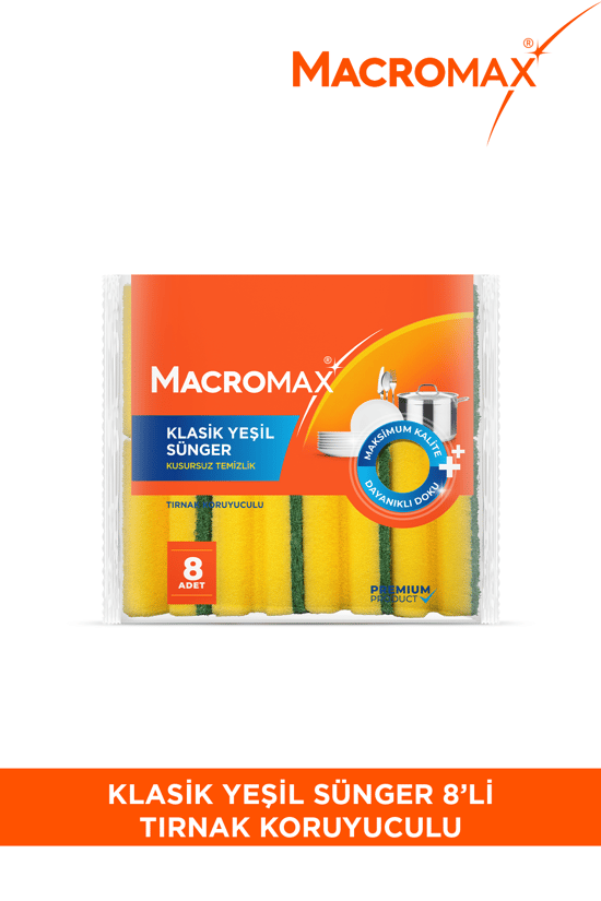 Macromax Tırnak Koruyuculu Bulaşık Süngeri 8'li Paket Ergonomik Yeşil Klasik Sünger