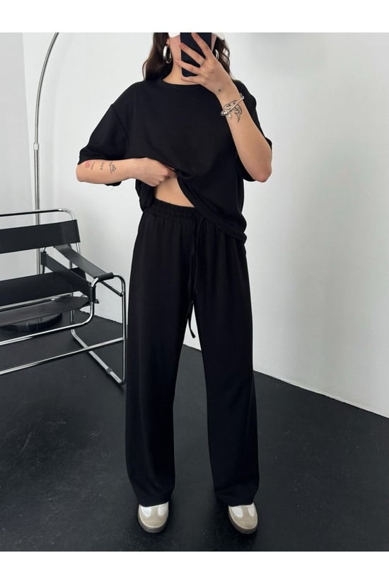 Thiff Siyah Kadın Modal Kumaş Kısa Kolu Eşofman Takımı