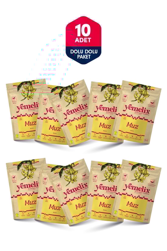 YEMELİX Freeze Dried 10'lu Dolu Dolu Paket Muz Kuru Meyve Cipsi - Dondurularak Kurutulmuş Muz 20Gx10
