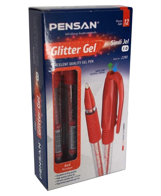 Pensan Kırmızı Tükenmez Kalem Glitter Simli Jel 1.0 Mm 12'li Paket