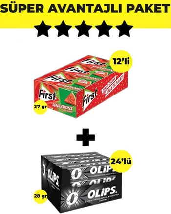 First Sensations Karpuz Aromalı Sakız (27gr x 12 Adet)- Olips Keskin Mentol Şekerleme 24'lü Paket (28gr x 24 Adet) - Avantajlı First Olips Paketi