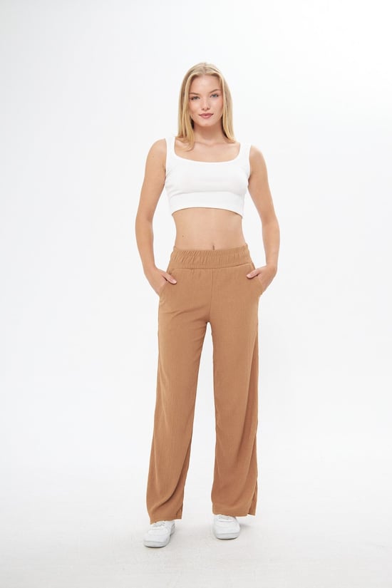 Beli Lastikli Bol Paça Çift Cepli Yüksek Bel Bürümcük Örme Kadın Pantolon