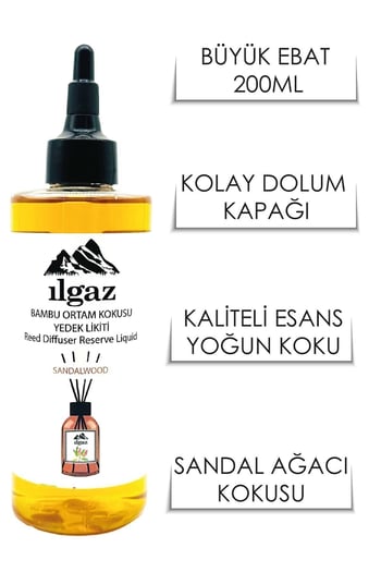 Ilgaz Sandal Ağacı Yedek Likit Şişe Oda Kokusu Sandalwood Bambu Çubuklu Oda Kokusu 200 ml