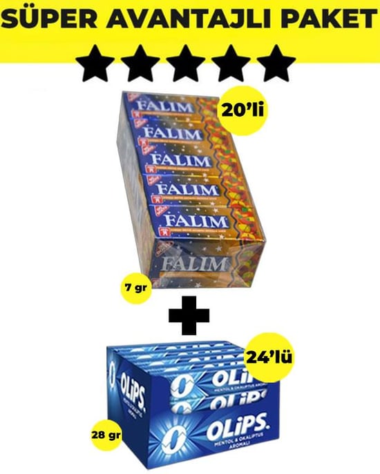 Falım Karışık Meyve Aromalı Sakız (5'li x 20 Adet)- Olips Mentol Okaliptüs Şekerleme 24'lü Paket (28gr x 24 Adet) - Avantajlı Falım Olips Paketi