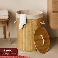 Pablito Kapaklı Kirli Çamaşır Sepeti Yuvarlak - Bambu Kirli Çamaşır Sepeti-Tek Gözlü