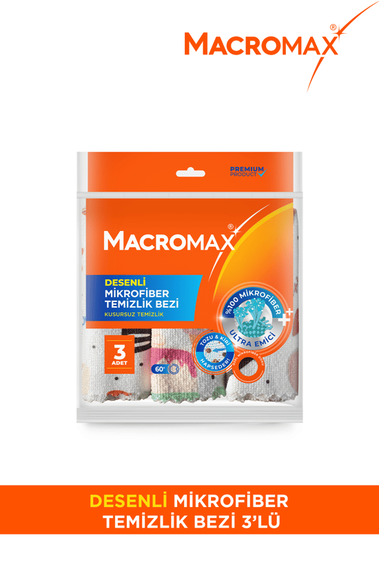 Macromax Desenli Mikrofiber Temizlik Bezi 3'lü Paket Ultra Emici Toz Alıcı Çok Amaçlı Bez