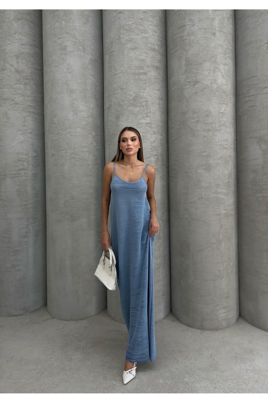 Thiff Mavi Kadın Askılı Piliseli Elbise