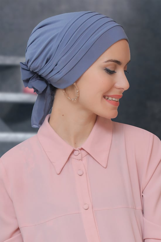 Hürrem Bone Gri Pratik Hazır Geçmeli Tesettür Bone Sandy Kumaş Pileli Nervürlü Güllü 1806_15