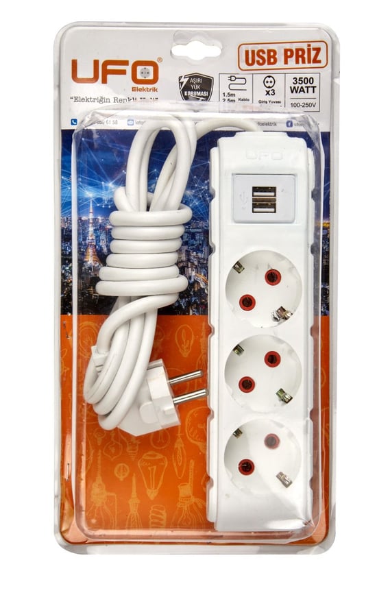 Ufo 3'lü 5 Metre USB'li Grup Priz Beyaz