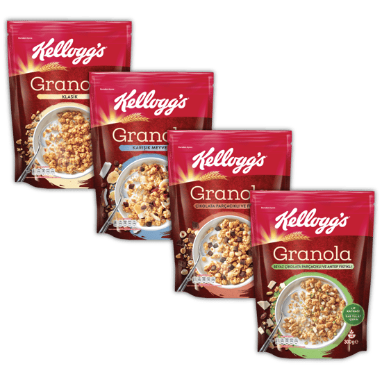 Kellogg's 4lü Granola Paketi,Çikolata Parçacıklı&Fındık,Klasik,Meyveli,Antep Fıstıklı&Beyaz Çikolata