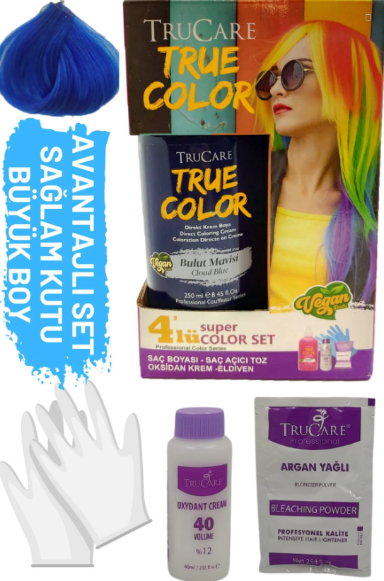 Trucare Truecolor Bulut Mavisi Saç Boyası Seti Saç Açıcı ve Eldivenli