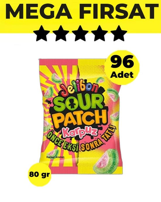 Jelibon Sour Patch Karpuz Yumuşak Şekerleme 80 gr - 96 Adet-4 Koli