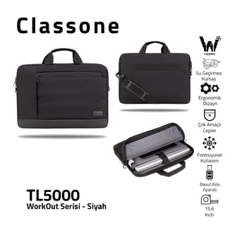 Classone WorkOut Serisi TL5000 WTXpro Su Geçirmez Kumaş 15.6&#34; inch Siyah Laptop  Notebook Çantası