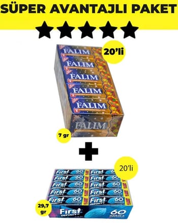 Falım Karışık Meyve Aromalı Sakız (5'li x 20 Adet)- First Infinity 11S Stick Nane Aromalı Sakız (29,7 gr x 20 Adet) - Avantajlı Falım First Paketi