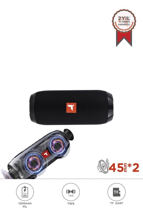 Torima D47 Siyah  Bluetooth Hoparlör Kablosuz Taşınabilir Ses Bombası TWS, USB, TF Kart, 1200 mah