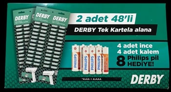 Derby Tek Bıçaklı 96lı Kartela Tıraş Bıçağı 8 Adet Philips Pil Hediyeli