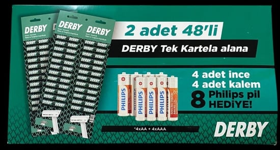 Derby Tek Bıçaklı 96lı Kartela Tıraş Bıçağı 8 Adet Philips Pil Hediyeli