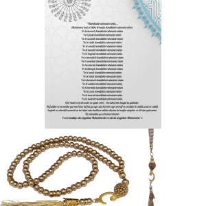 P Parla Namaz Tesbihi Vavlı 99'lu Cam İncili 35 Besmele-i Şerif Dua Kartı ile Süt Kahve Renk Hediyelik